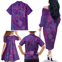Hawaiian Turtles and Polynesian Art Tattoo Family Matching Off The Shoulder Long Sleeve Dress and Hawaiian Shirt Dusky Violet