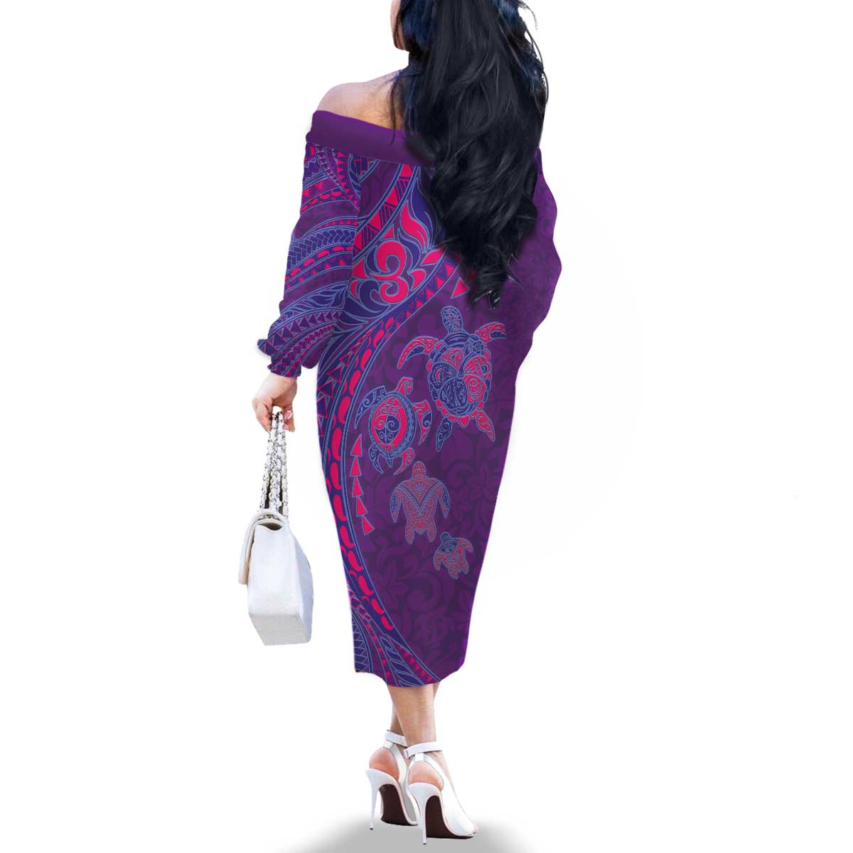 Hawaiian Turtles and Polynesian Art Tattoo Family Matching Off The Shoulder Long Sleeve Dress and Hawaiian Shirt Dusky Violet