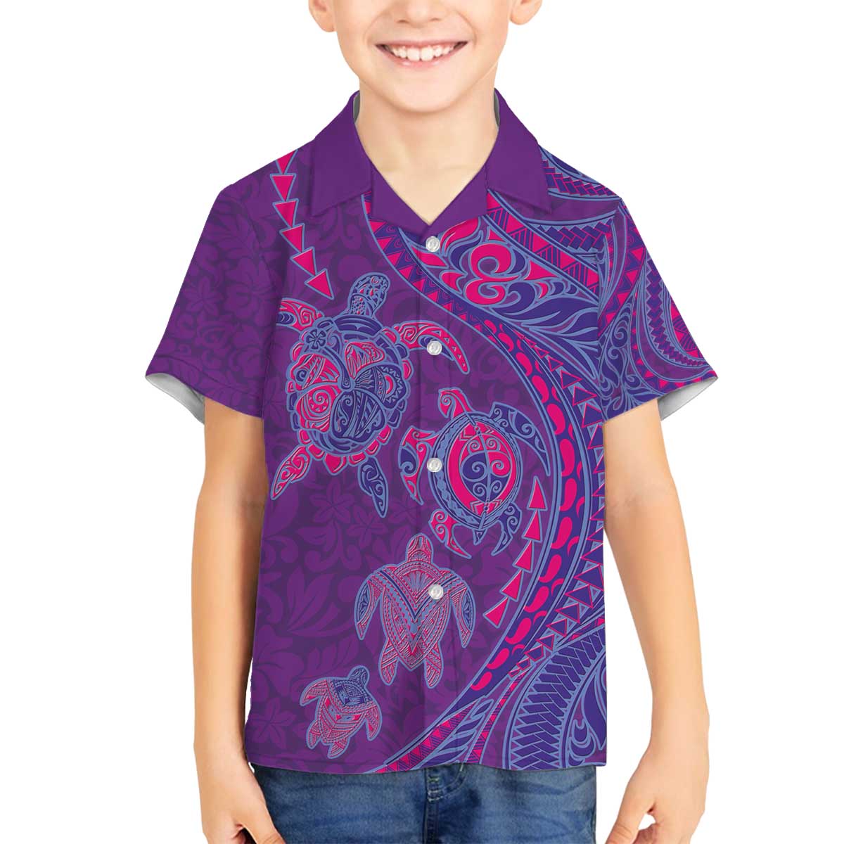 Hawaiian Turtles and Polynesian Art Tattoo Family Matching Off The Shoulder Long Sleeve Dress and Hawaiian Shirt Dusky Violet