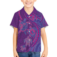 Hawaiian Turtles and Polynesian Art Tattoo Family Matching Off The Shoulder Long Sleeve Dress and Hawaiian Shirt Dusky Violet