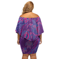 Hawaiian Turtles and Polynesian Art Tattoo Family Matching Off Shoulder Short Dress and Hawaiian Shirt Dusky Violet