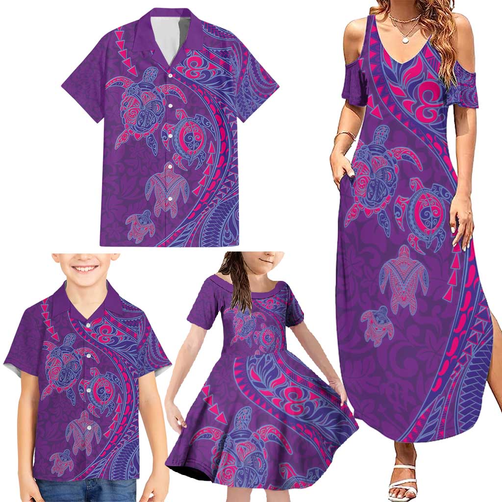 Hawaiian Turtles and Polynesian Art Tattoo Family Matching Summer Maxi Dress and Hawaiian Shirt Dusky Violet LT03 - Polynesian Pride