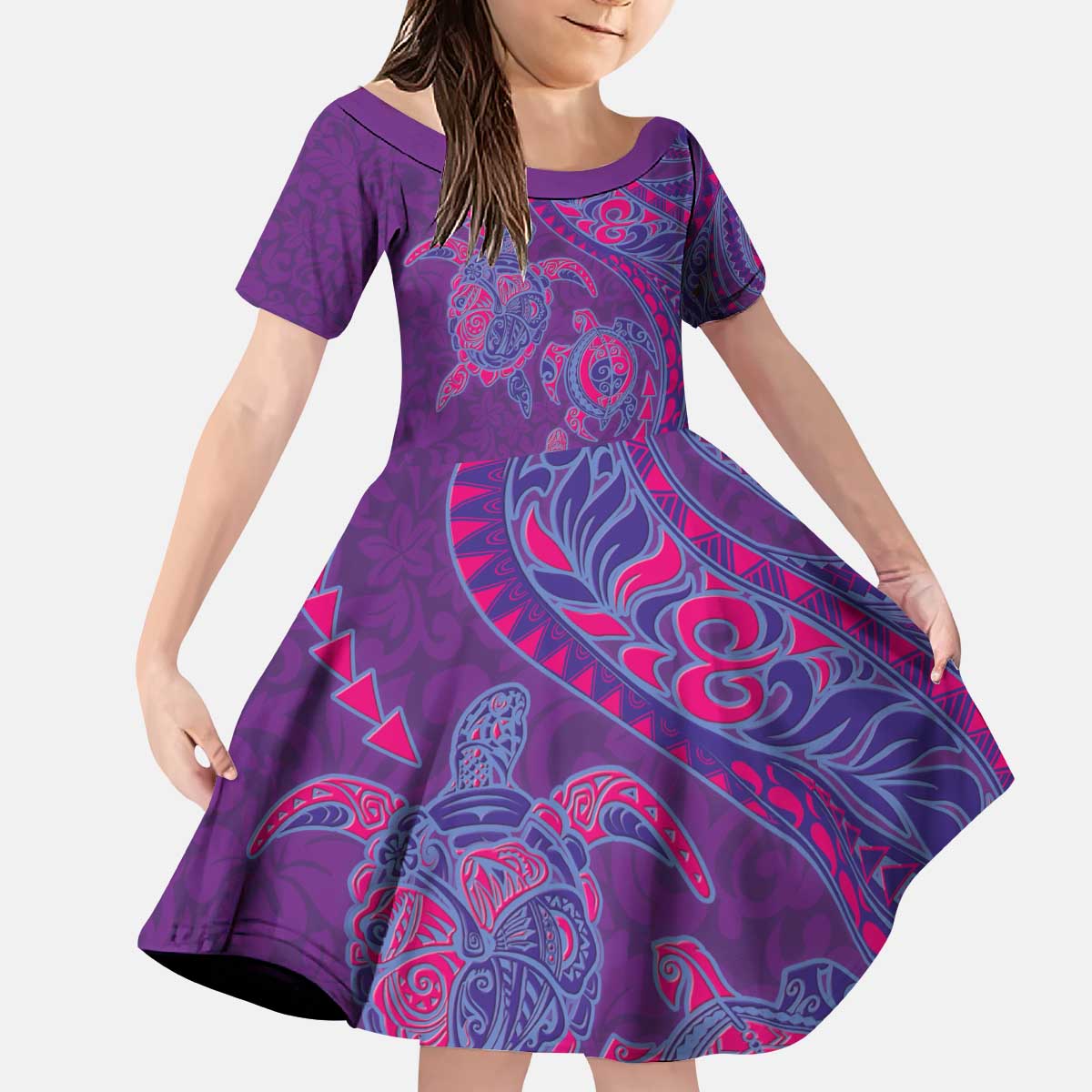 Hawaiian Turtles and Polynesian Art Tattoo Kid Short Sleeve Dress Dusky Violet LT03 KID Purple - Polynesian Pride
