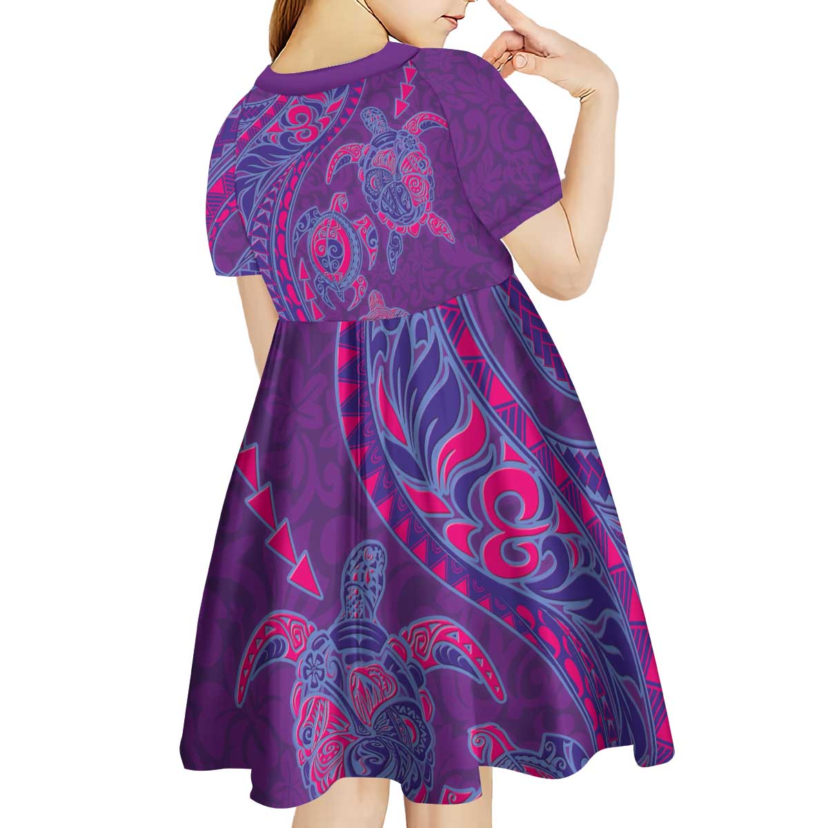 Hawaiian Turtles and Polynesian Art Tattoo Kid Short Sleeve Dress Dusky Violet LT03 - Polynesian Pride