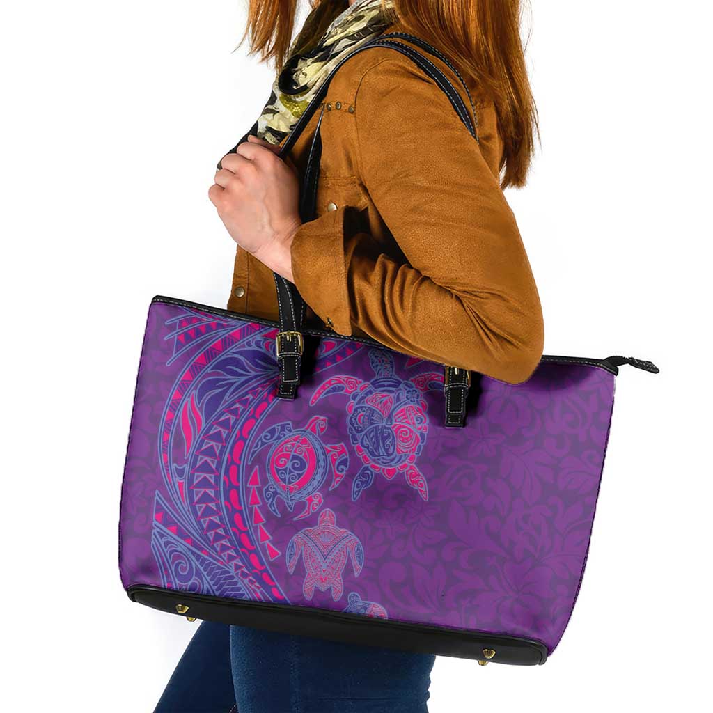 Hawaiian Turtles and Polynesian Art Tattoo Leather Tote Bag Dusky Violet