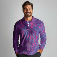 Hawaiian Turtles and Polynesian Art Tattoo Long Sleeve Polo Shirt Dusky Violet