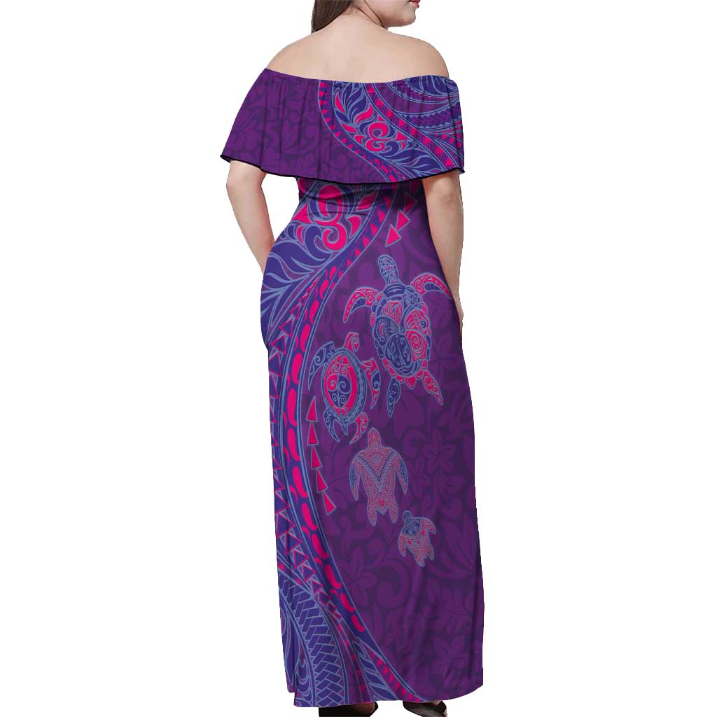 Hawaiian Turtles and Polynesian Art Tattoo Off Shoulder Maxi Dress Dusky Violet