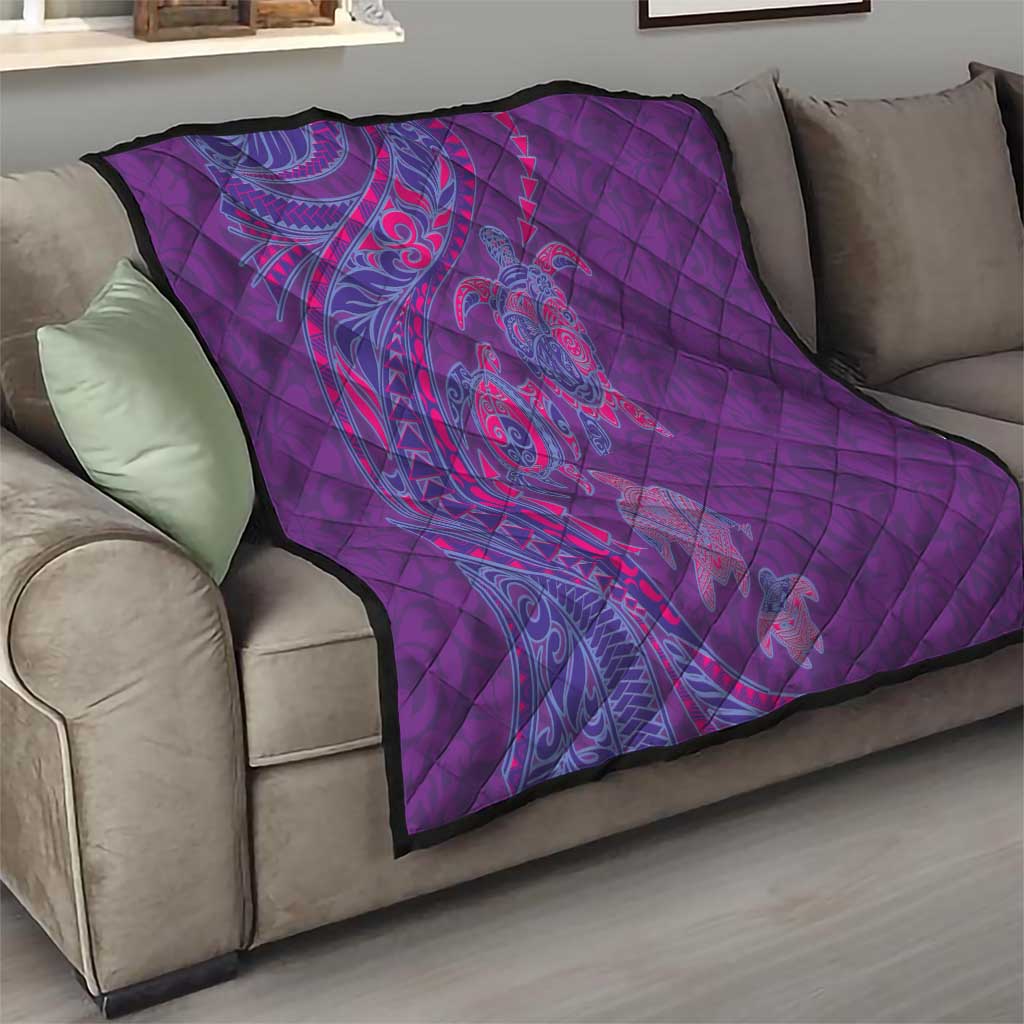 Hawaiian Turtles and Polynesian Art Tattoo Quilt Dusky Violet