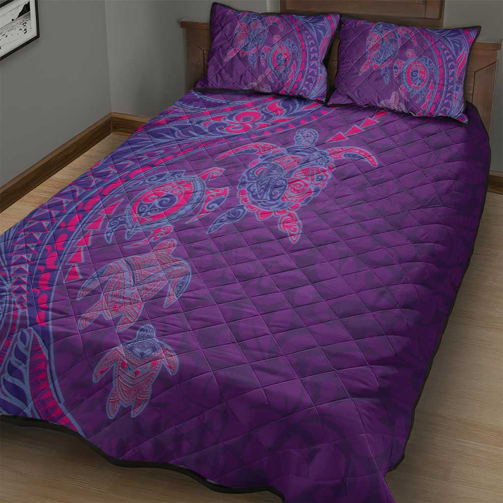Hawaiian Turtles and Polynesian Art Tattoo Quilt Bed Set Dusky Violet