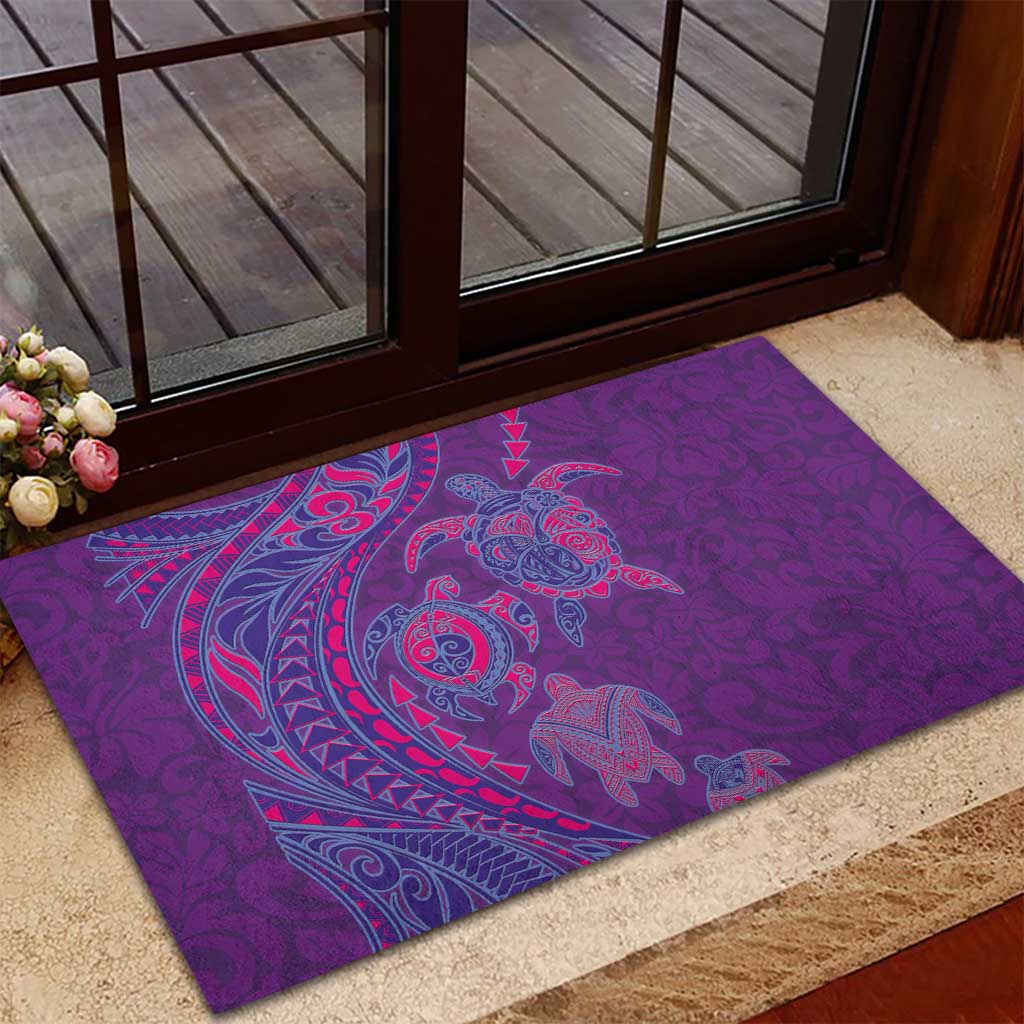 Hawaiian Turtles and Polynesian Art Tattoo Rubber Doormat Dusky Violet