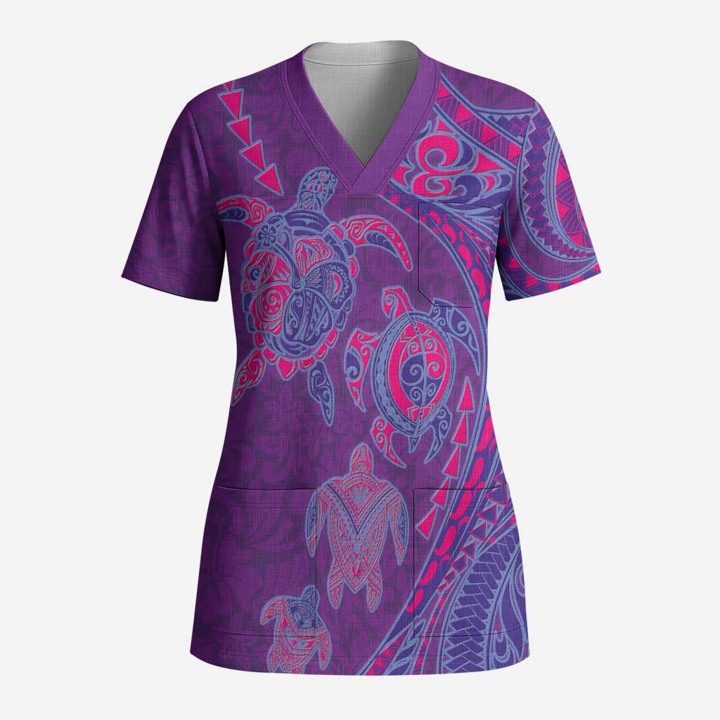 Hawaiian Turtles and Polynesian Art Tattoo Scrub Top Dusky Violet - Polynesian Pride
