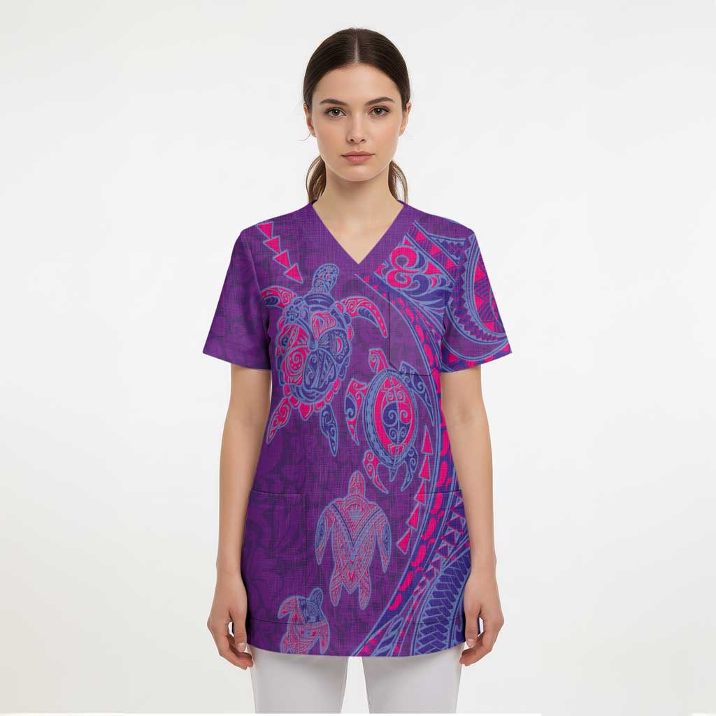 Hawaiian Turtles and Polynesian Art Tattoo Scrub Top Dusky Violet - Polynesian Pride