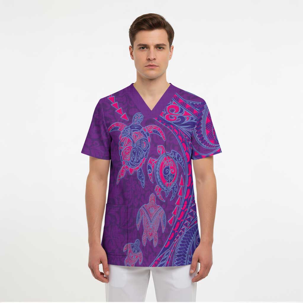 Hawaiian Turtles and Polynesian Art Tattoo Scrub Top Dusky Violet - Polynesian Pride