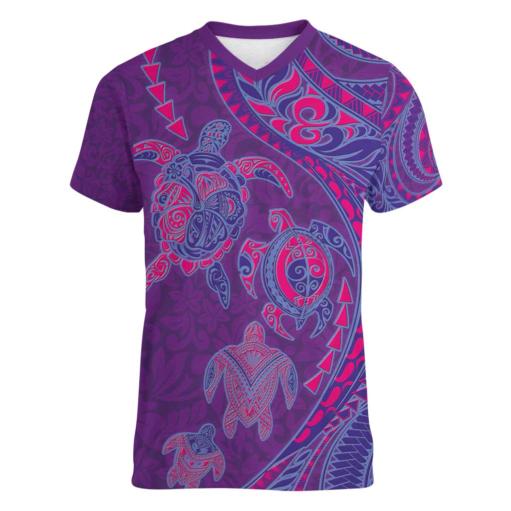Hawaiian Turtles and Polynesian Art Tattoo Women V-Neck T-Shirt Dusky Violet