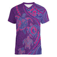 Hawaiian Turtles and Polynesian Art Tattoo Women V-Neck T-Shirt Dusky Violet