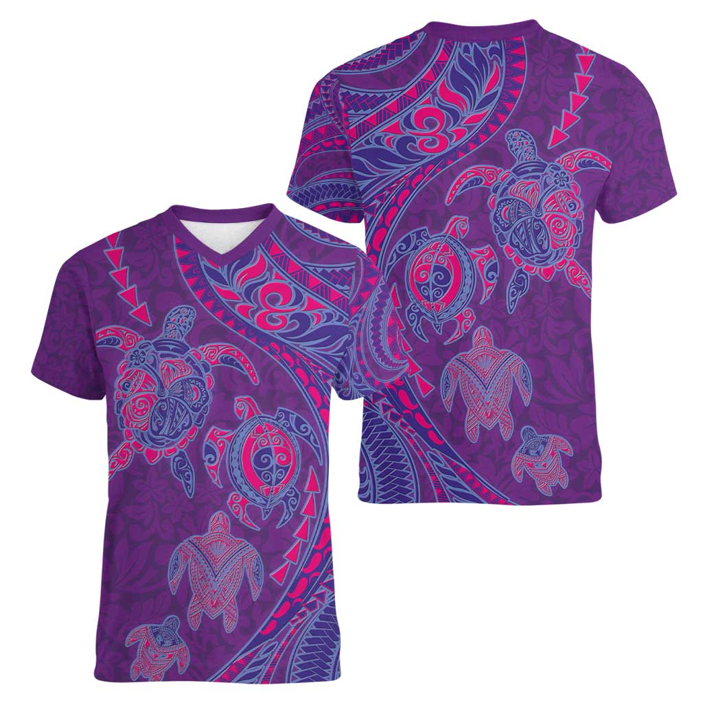 Hawaiian Turtles and Polynesian Art Tattoo Women V-Neck T-Shirt Dusky Violet