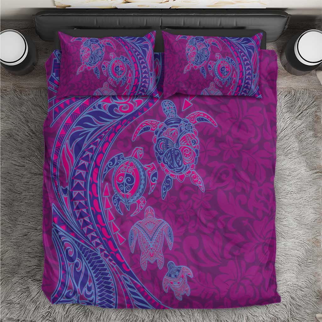 Hawaiian Turtles and Polynesian Art Tattoo Bedding Set Cerise