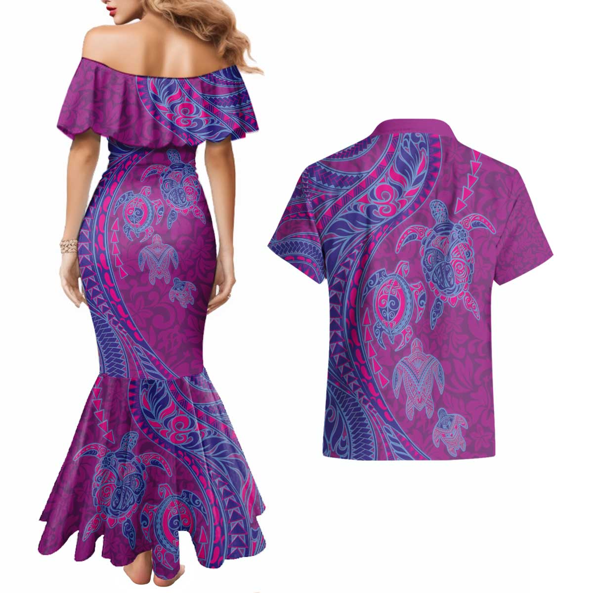 Hawaiian Turtles and Polynesian Art Tattoo Couples Matching Mermaid Dress and Hawaiian Shirt Cerise