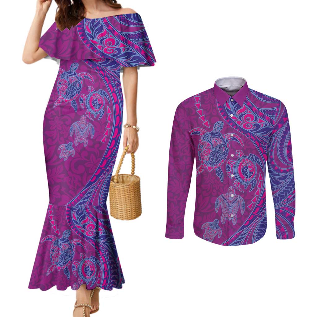 Hawaiian Turtles and Polynesian Art Tattoo Couples Matching Mermaid Dress and Long Sleeve Button Shirt Cerise LT03 Pink - Polynesian Pride