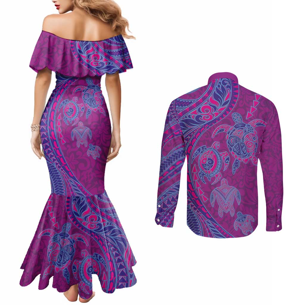 Hawaiian Turtles and Polynesian Art Tattoo Couples Matching Mermaid Dress and Long Sleeve Button Shirt Cerise LT03 - Polynesian Pride