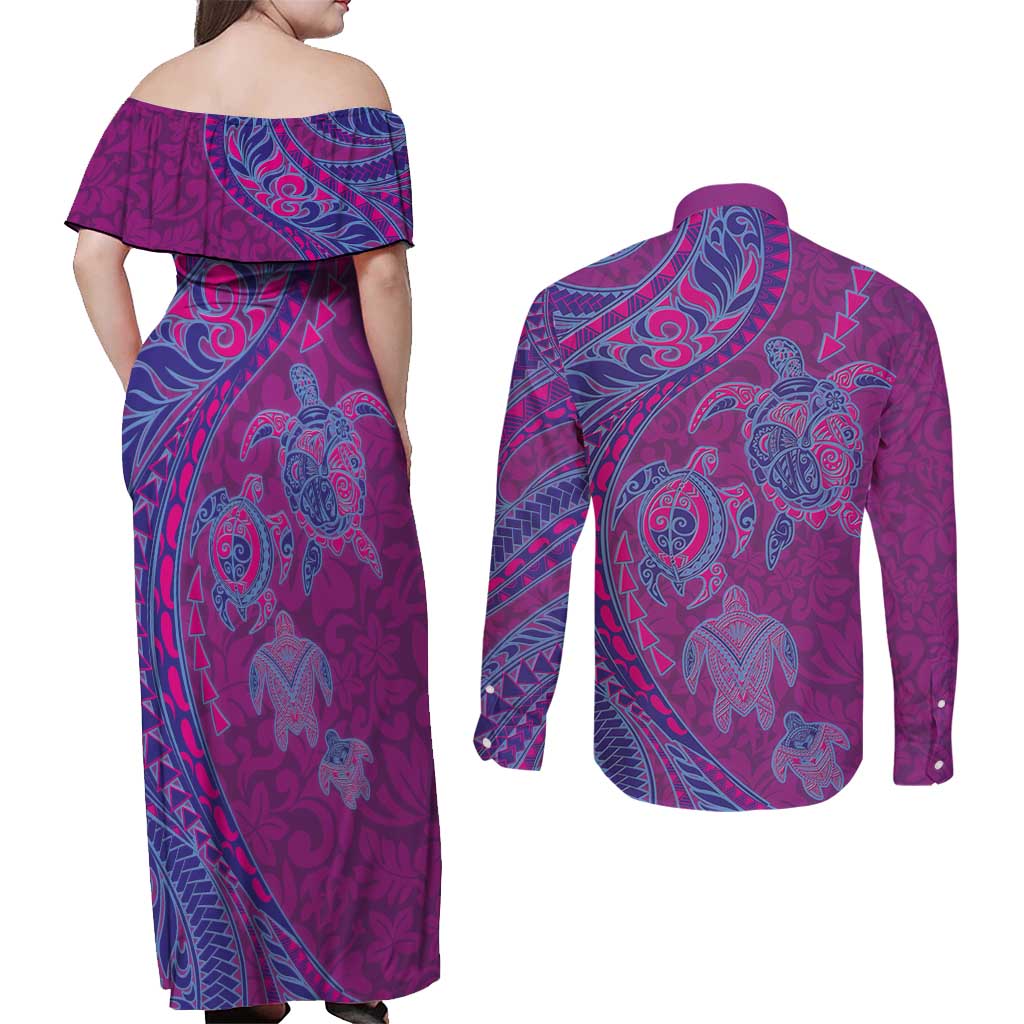 Hawaiian Turtles and Polynesian Art Tattoo Couples Matching Off Shoulder Maxi Dress and Long Sleeve Button Shirt Cerise LT03 - Polynesian Pride