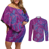 Hawaiian Turtles and Polynesian Art Tattoo Couples Matching Off Shoulder Short Dress and Long Sleeve Button Shirt Cerise LT03 Pink - Polynesian Pride