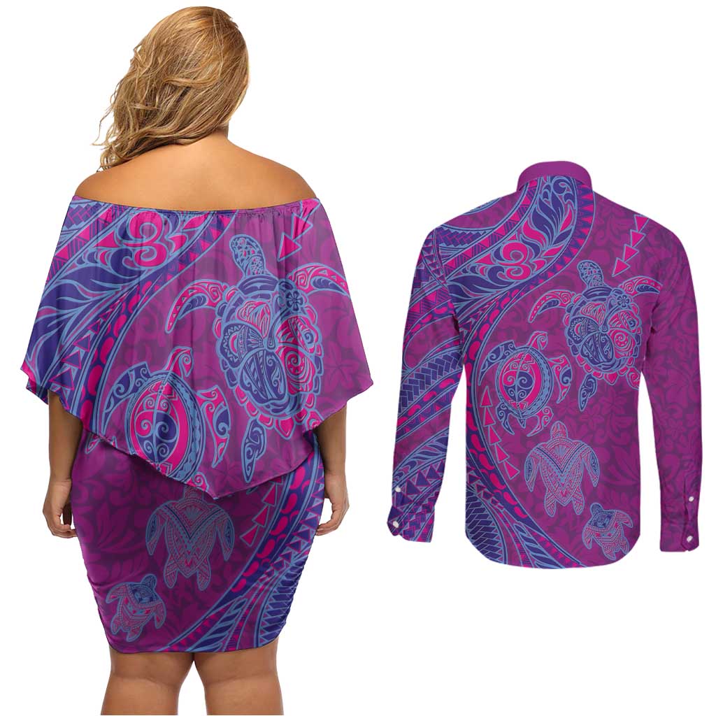 Hawaiian Turtles and Polynesian Art Tattoo Couples Matching Off Shoulder Short Dress and Long Sleeve Button Shirt Cerise LT03 - Polynesian Pride