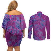 Hawaiian Turtles and Polynesian Art Tattoo Couples Matching Off Shoulder Short Dress and Long Sleeve Button Shirt Cerise LT03 - Polynesian Pride