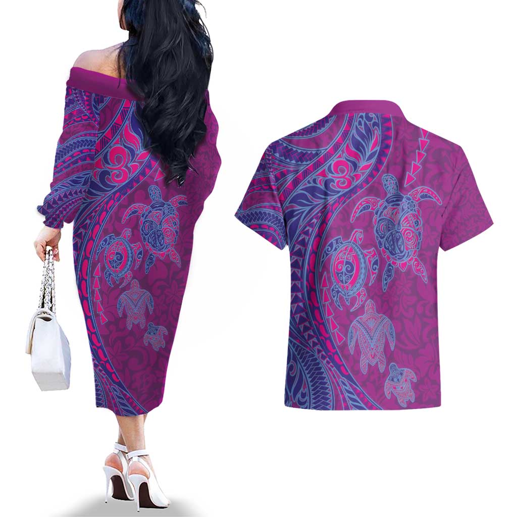 Hawaiian Turtles and Polynesian Art Tattoo Couples Matching Off The Shoulder Long Sleeve Dress and Hawaiian Shirt Cerise