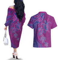 Hawaiian Turtles and Polynesian Art Tattoo Couples Matching Off The Shoulder Long Sleeve Dress and Hawaiian Shirt Cerise