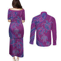 Hawaiian Turtles and Polynesian Art Tattoo Couples Matching Puletasi and Long Sleeve Button Shirt Cerise