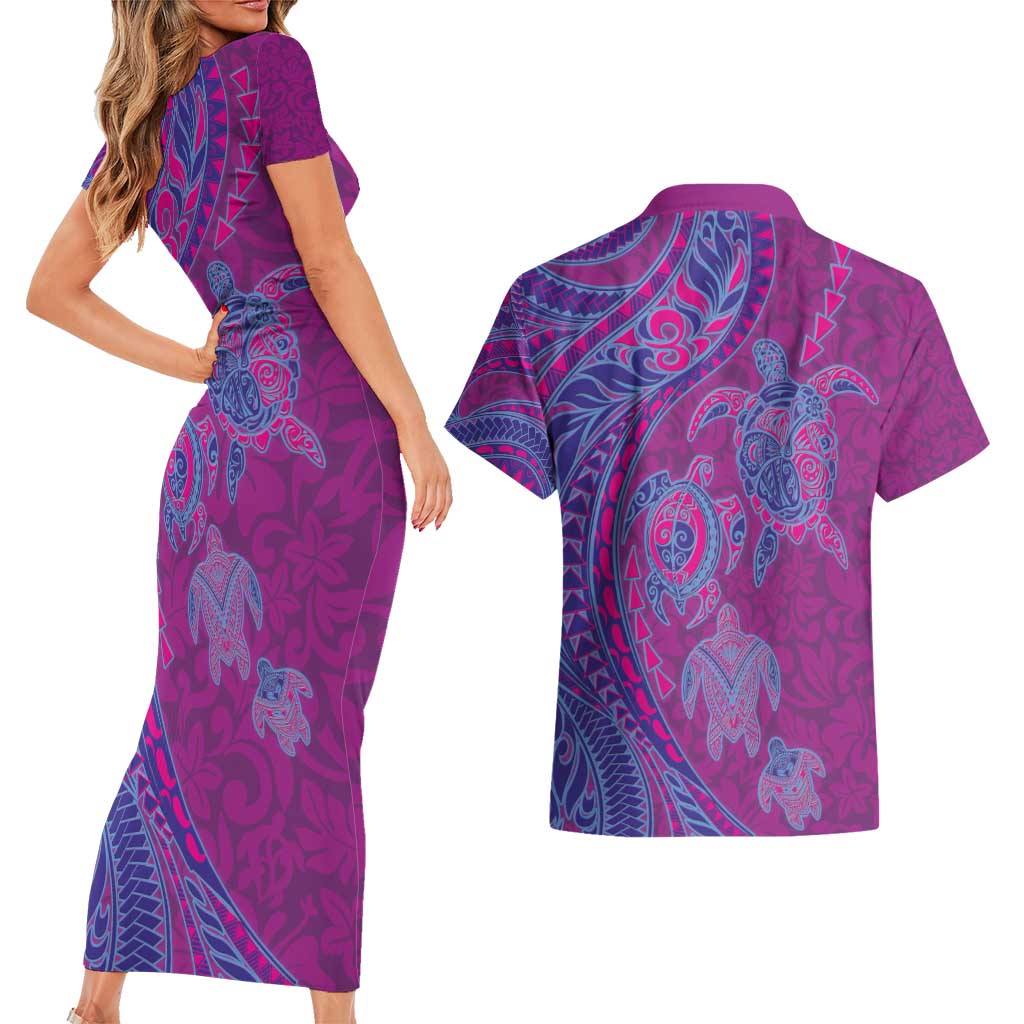 Hawaiian Turtles and Polynesian Art Tattoo Couples Matching Short Sleeve Bodycon Dress and Hawaiian Shirt Cerise