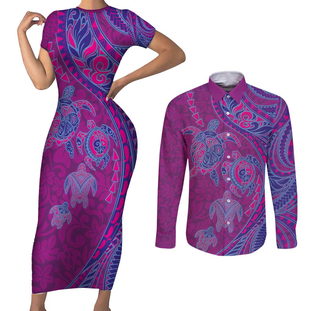 Hawaiian Turtles and Polynesian Art Tattoo Couples Matching Short Sleeve Bodycon Dress and Long Sleeve Button Shirt Cerise