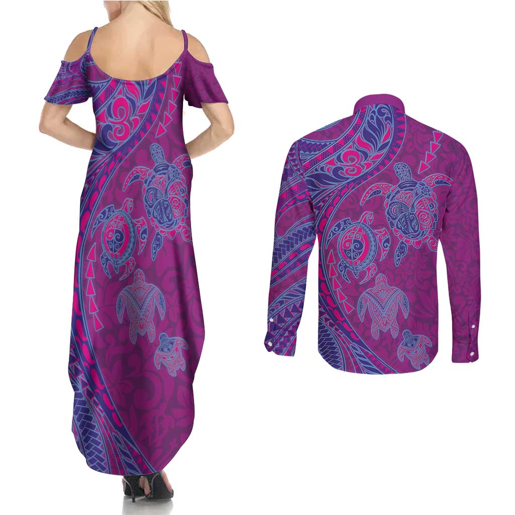 Hawaiian Turtles and Polynesian Art Tattoo Couples Matching Summer Maxi Dress and Long Sleeve Button Shirt Cerise LT03 - Polynesian Pride