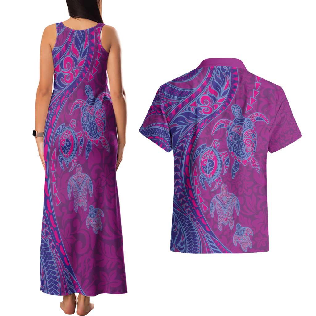 Hawaiian Turtles and Polynesian Art Tattoo Couples Matching Tank Maxi Dress and Hawaiian Shirt Cerise