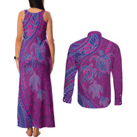 Hawaiian Turtles and Polynesian Art Tattoo Couples Matching Tank Maxi Dress and Long Sleeve Button Shirt Cerise LT03 - Polynesian Pride