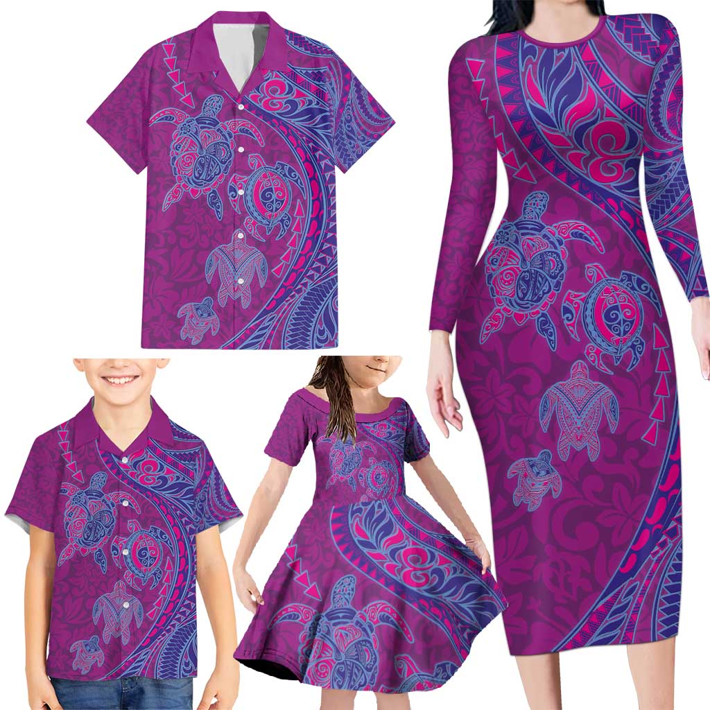 Hawaiian Turtles and Polynesian Art Tattoo Family Matching Long Sleeve Bodycon Dress and Hawaiian Shirt Cerise LT03 - Polynesian Pride