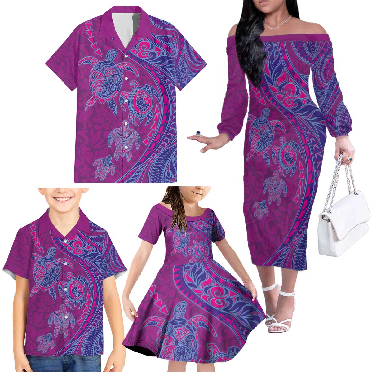Hawaiian Turtles and Polynesian Art Tattoo Family Matching Off The Shoulder Long Sleeve Dress and Hawaiian Shirt Cerise LT03 - Polynesian Pride