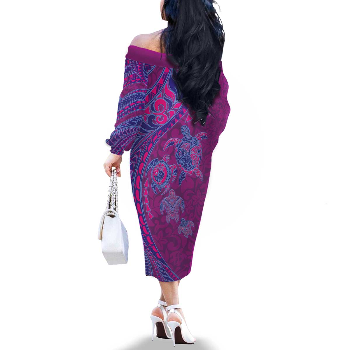 Hawaiian Turtles and Polynesian Art Tattoo Family Matching Off The Shoulder Long Sleeve Dress and Hawaiian Shirt Cerise