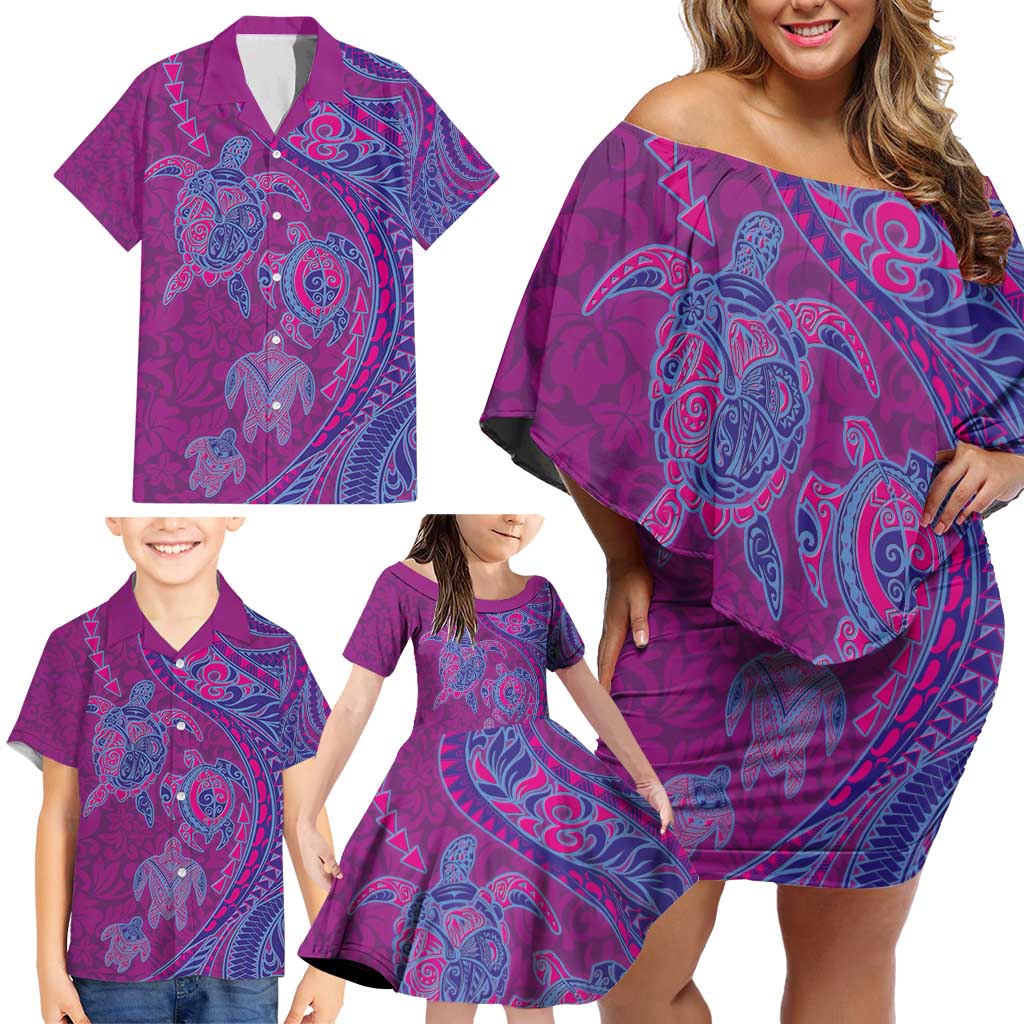 Hawaiian Turtles and Polynesian Art Tattoo Family Matching Off Shoulder Short Dress and Hawaiian Shirt Cerise LT03 - Polynesian Pride