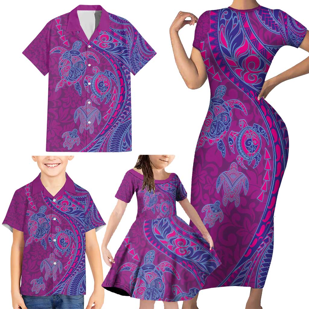 Hawaiian Turtles and Polynesian Art Tattoo Family Matching Short Sleeve Bodycon Dress and Hawaiian Shirt Cerise LT03 - Polynesian Pride