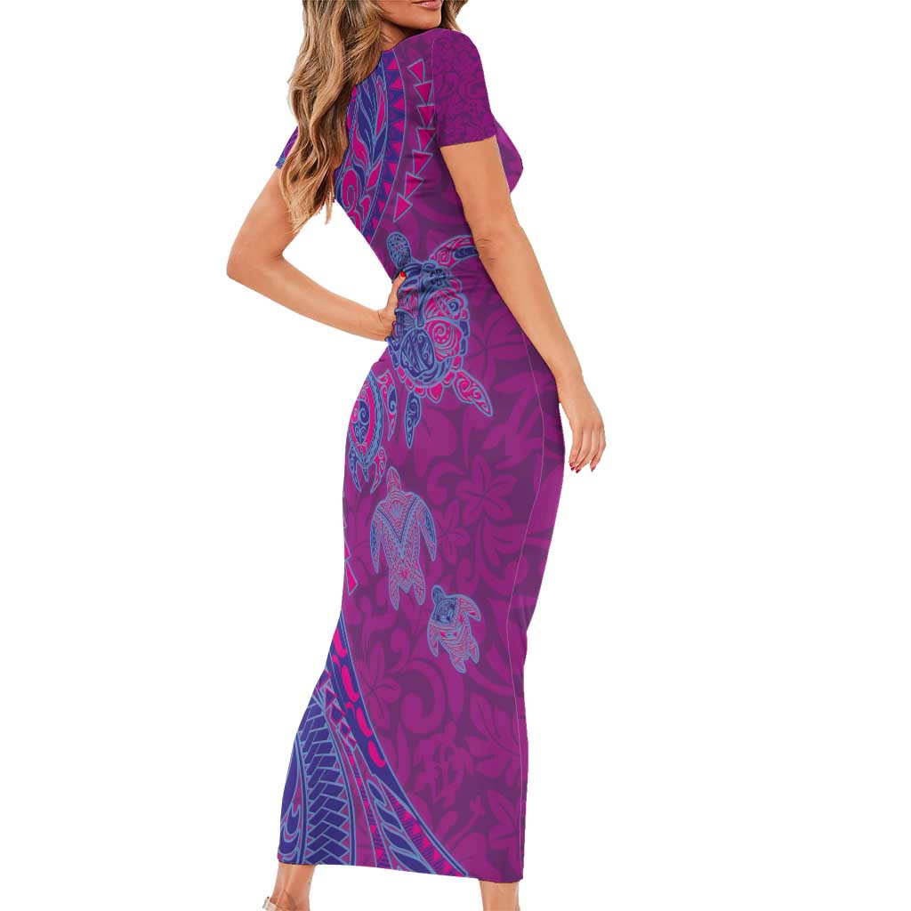 Hawaiian Turtles and Polynesian Art Tattoo Family Matching Short Sleeve Bodycon Dress and Hawaiian Shirt Cerise