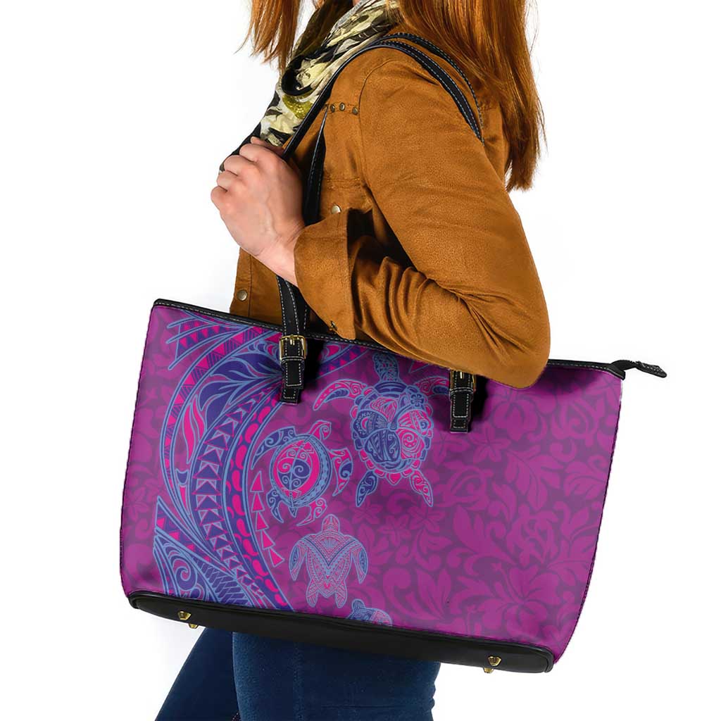 Hawaiian Turtles and Polynesian Art Tattoo Leather Tote Bag Cerise