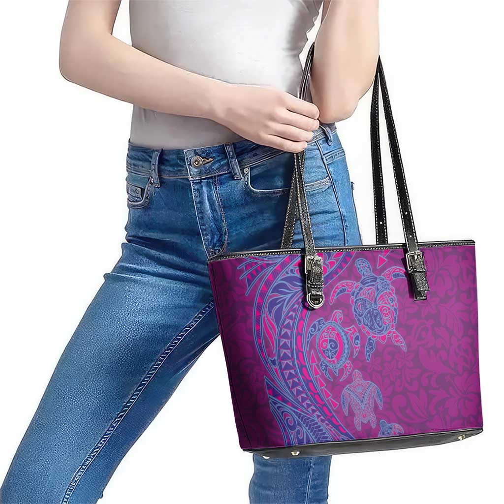 Hawaiian Turtles and Polynesian Art Tattoo Leather Tote Bag Cerise