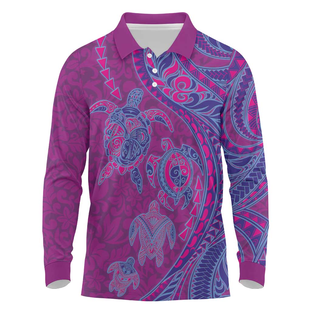 Hawaiian Turtles and Polynesian Art Tattoo Long Sleeve Polo Shirt Cerise