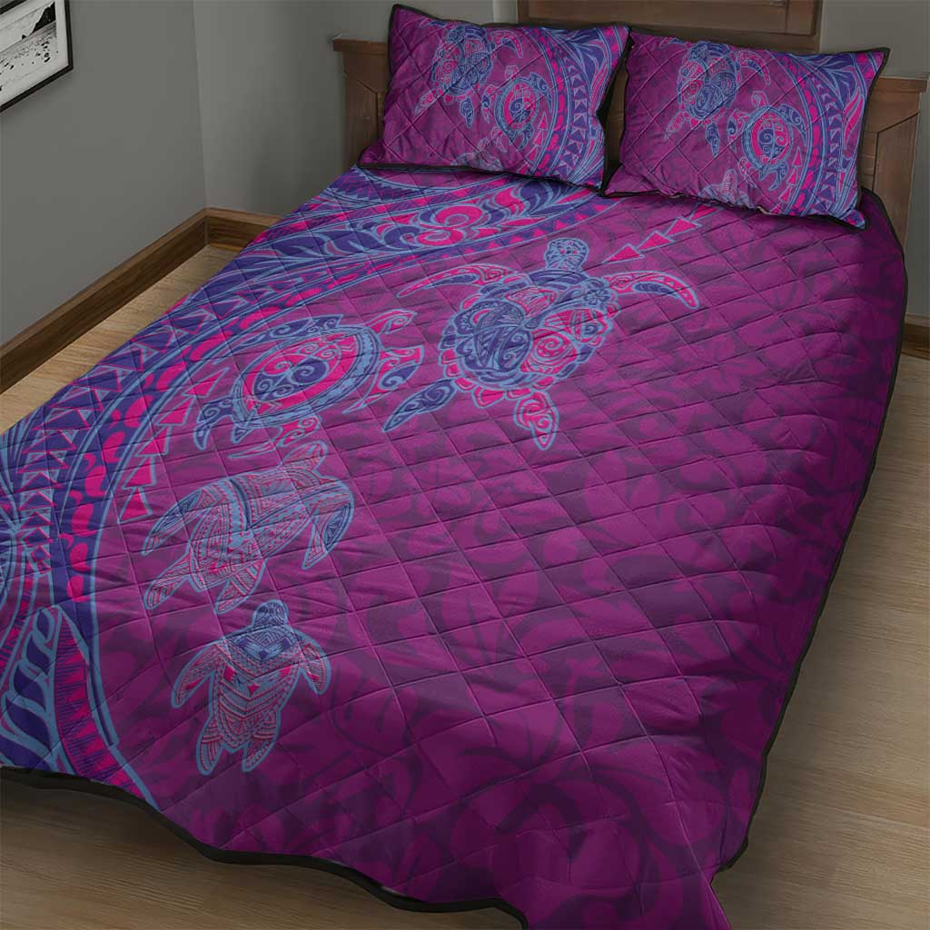 Hawaiian Turtles and Polynesian Art Tattoo Quilt Bed Set Cerise