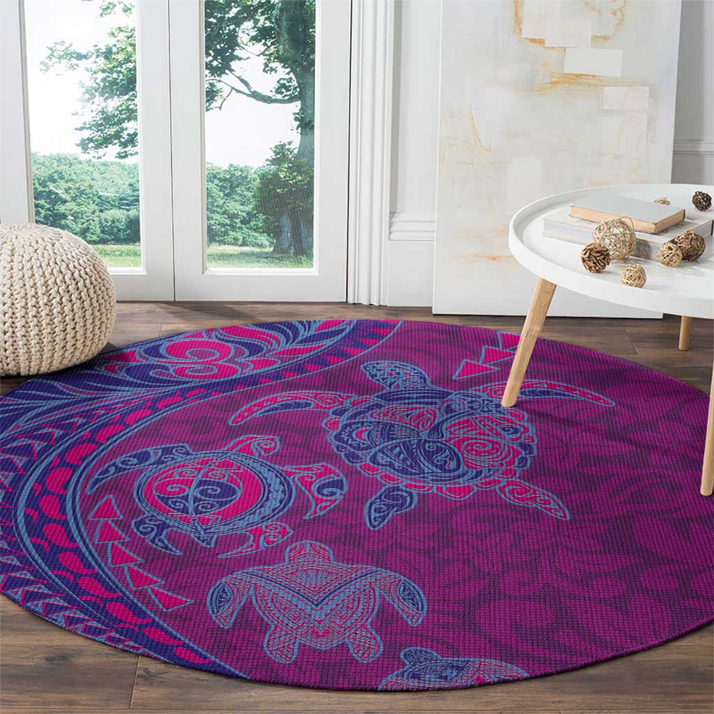 Hawaiian Turtles and Polynesian Art Tattoo Round Carpet Cerise