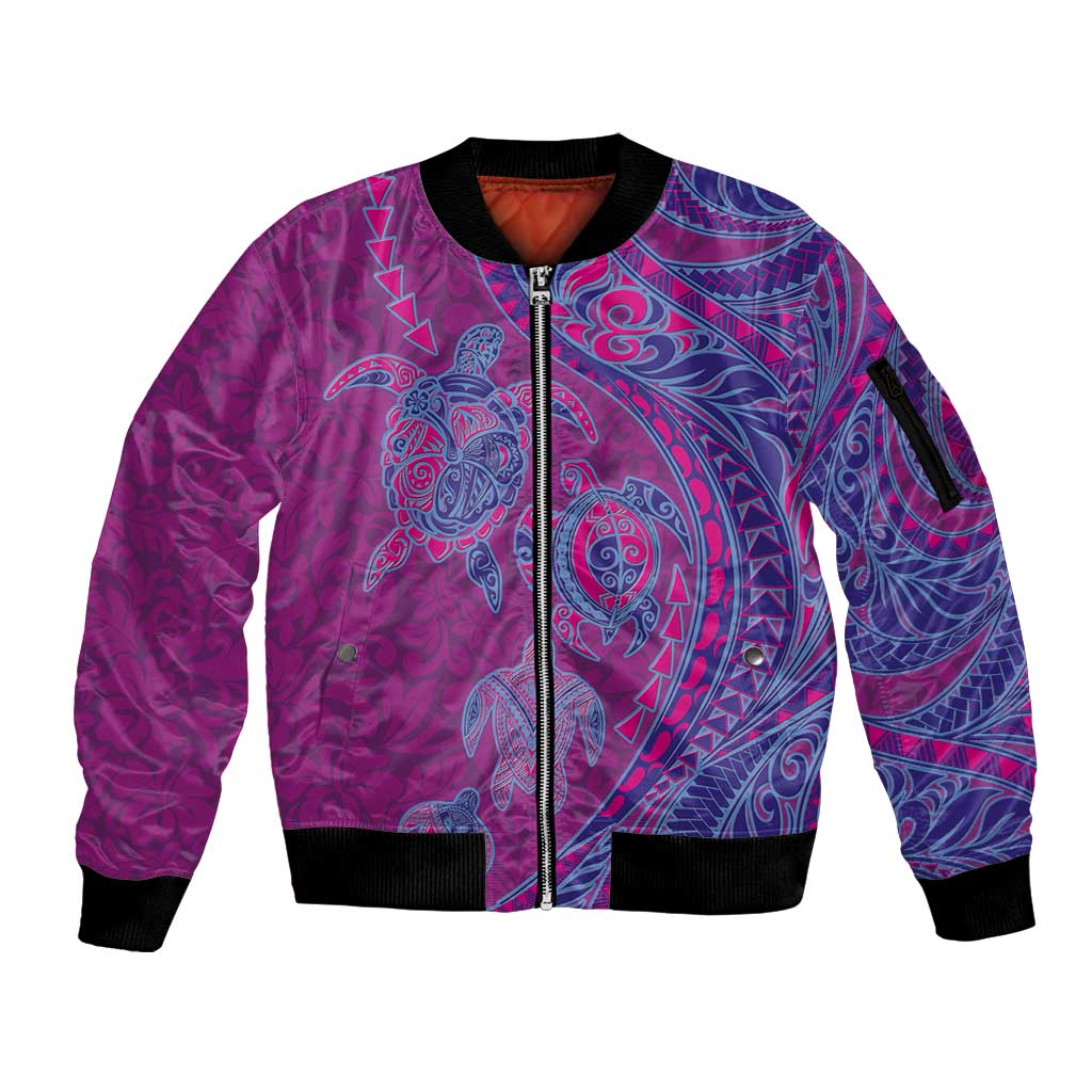 Hawaiian Turtles and Polynesian Art Tattoo Sleeve Zip Bomber Jacket Cerise