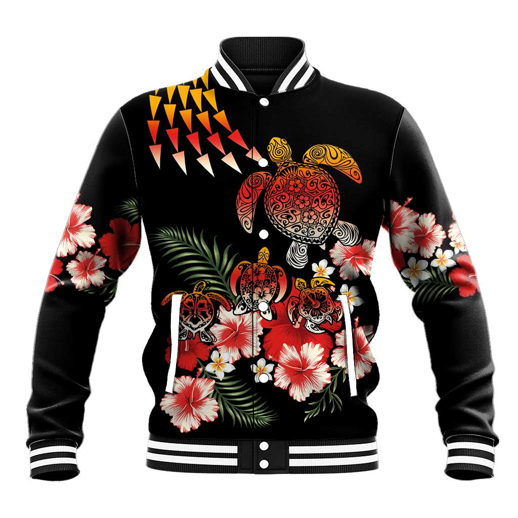 Hawaiian Hibiscus Turtle and Tropical Flower Baseball Jacket Dynamic Vibe LT03 Unisex Black - Polynesian Pride