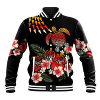 Hawaiian Hibiscus Turtle and Tropical Flower Baseball Jacket Dynamic Vibe LT03 Unisex Black - Polynesian Pride